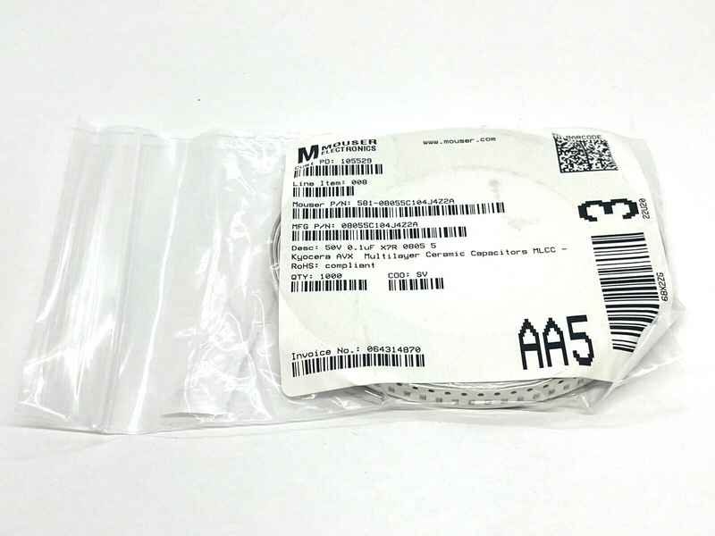 KYOCERA 08055C104J4Z2A Ceramic Capacitor X7R 0805 0.1 µF ±5% 50V LOT OF 1000 - Maverick Industrial Sales