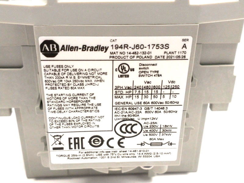 Allen Bradley 194R-J60-1753S Ser. A Rotary Disconnect Switch 60A 3P - Maverick Industrial Sales