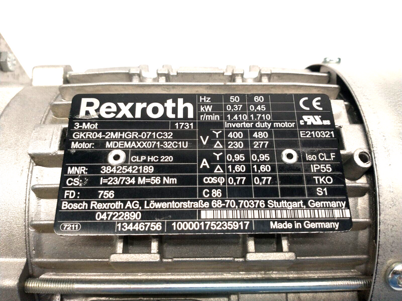 Bosch Rexroth 3842542189 Gearmotor MDEMAXX071-32C1U .45kW GKR04-2MHGR-071C32 - Maverick Industrial Sales