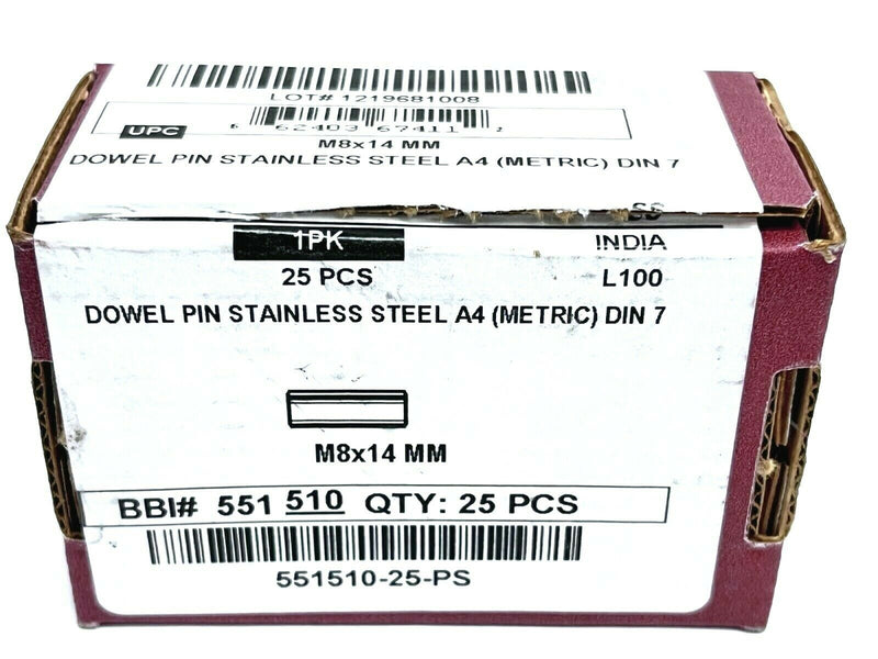 Brighton Best 551510 Dowel Pin Stainless Steel A4 DIN 7 M8x14mm LOT OF 25 - Maverick Industrial Sales