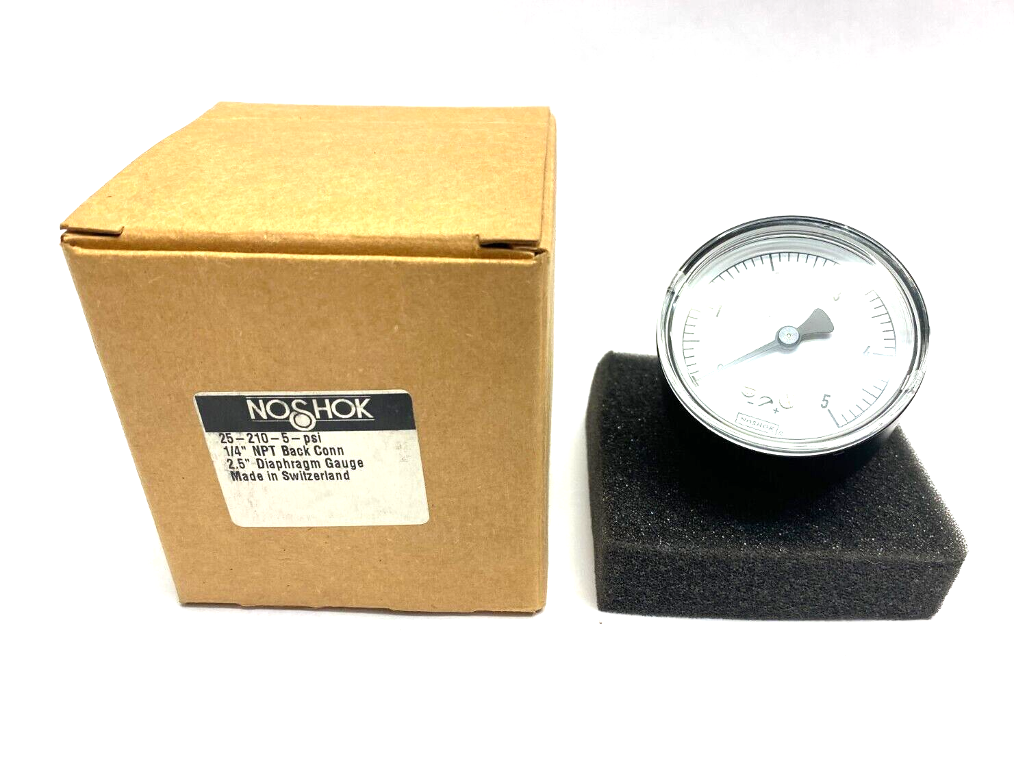 NoShok 25-210-5-PSI Diaphragm Gauge 2.5" Face 1/4" NPT Back Connector Black Body - Maverick Industrial Sales