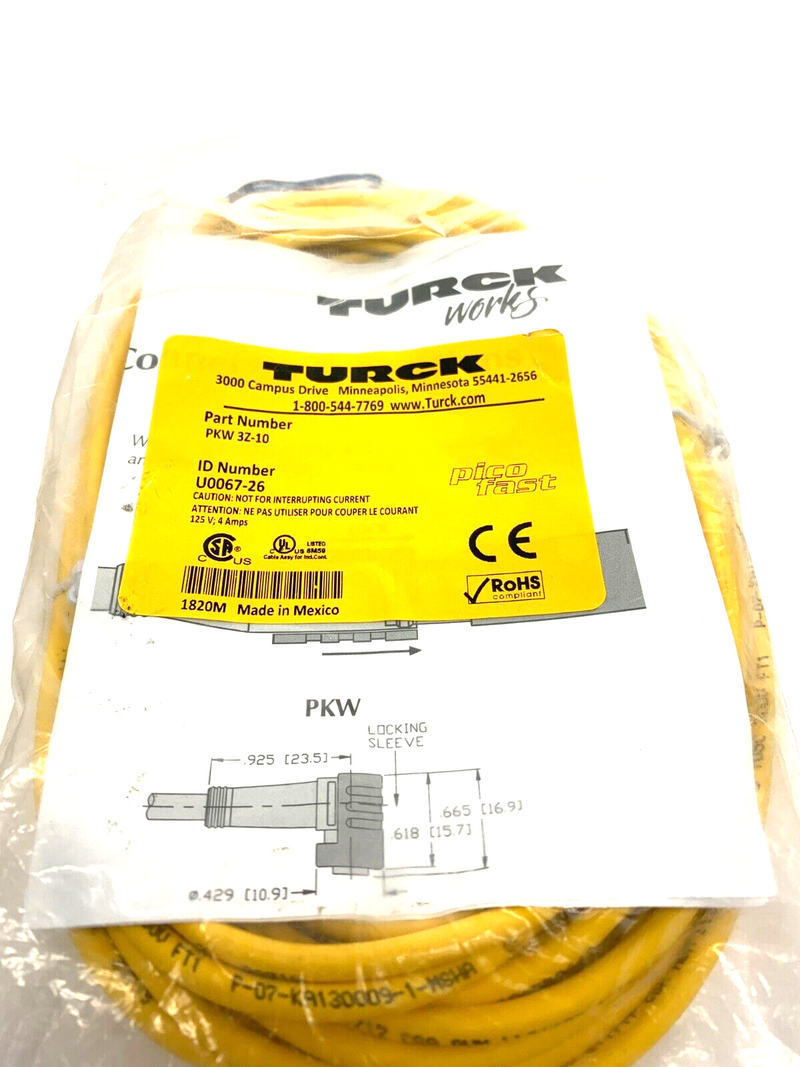 Turck PKW 3Z-10 Picofast Single Ended Snap On Cordset U0067-26 - Maverick Industrial Sales