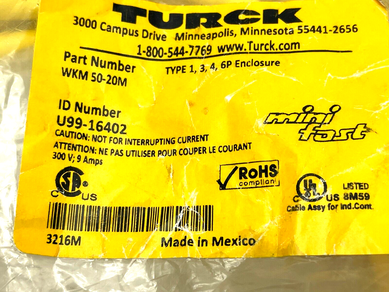 Turck WKM 50-20M Single Ended Cordset Right Angle 20m Length U99-16402 - Maverick Industrial Sales