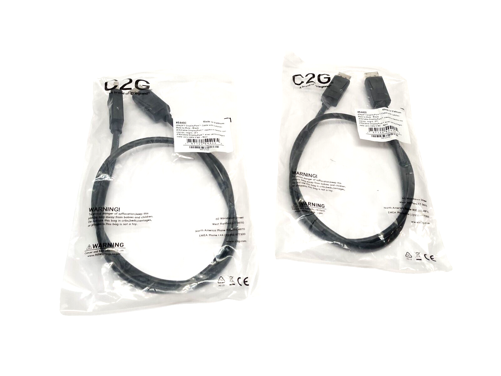 C2G 54400 Male To Male DisplayPort Cable w/ Latches 3ft, Black, LOT OF 2 - Maverick Industrial Sales