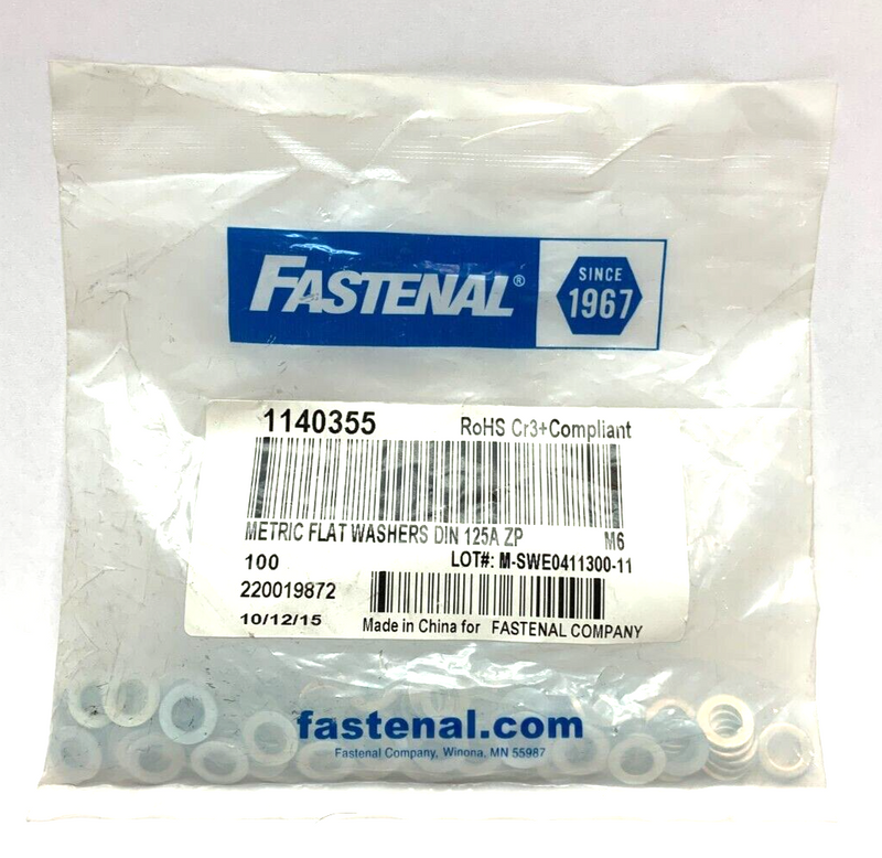 Fastenal 1140355 Metric Flat Washers DIN 125A ZP M6 PACK OF 100 - Maverick Industrial Sales