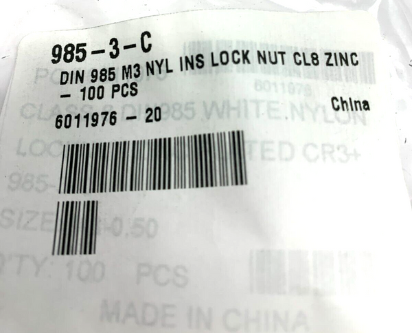 985-3-C Nylon Insert Zinc Lock Nut DIN 985 M3 CL8 PACK OF 100 - Maverick Industrial Sales