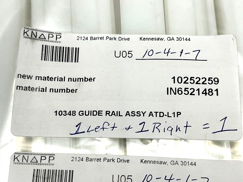 Knapp 10252259 Guide Rail Assembly 10348 for ATD-L1P NON-THREADED LOT OF 2 - Maverick Industrial Sales