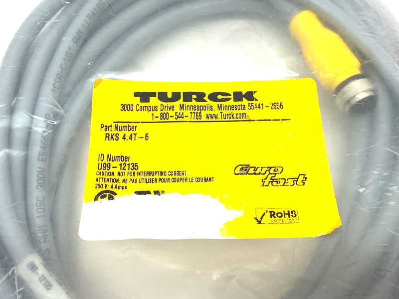 Turck RKS 4.4T-6 Eurofast Single Ended Cordset M12 4-Pin Female U99-12135 - Maverick Industrial Sales