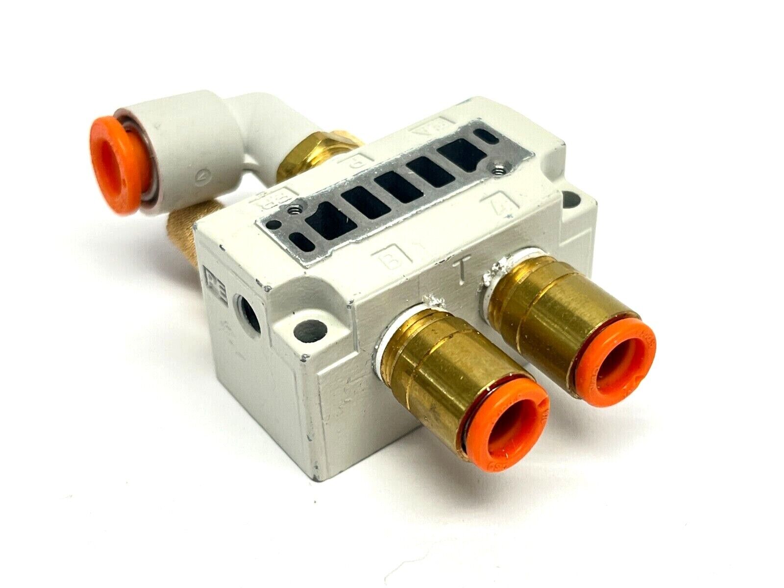 SMC SY3000-27-1 Subplate w/ 1/4" Elbow, 1/4" Brass Straights, Brass Silencers - Maverick Industrial Sales