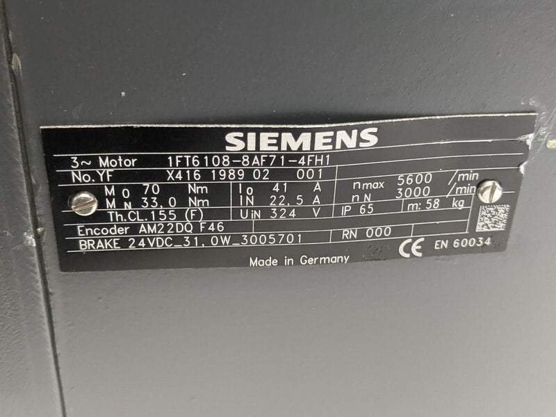 Siemens 1FT6108-8AF71-4FH1 SIMOTICS S Synchronous Servomotor AM22DQF46 Encoder - Maverick Industrial Sales