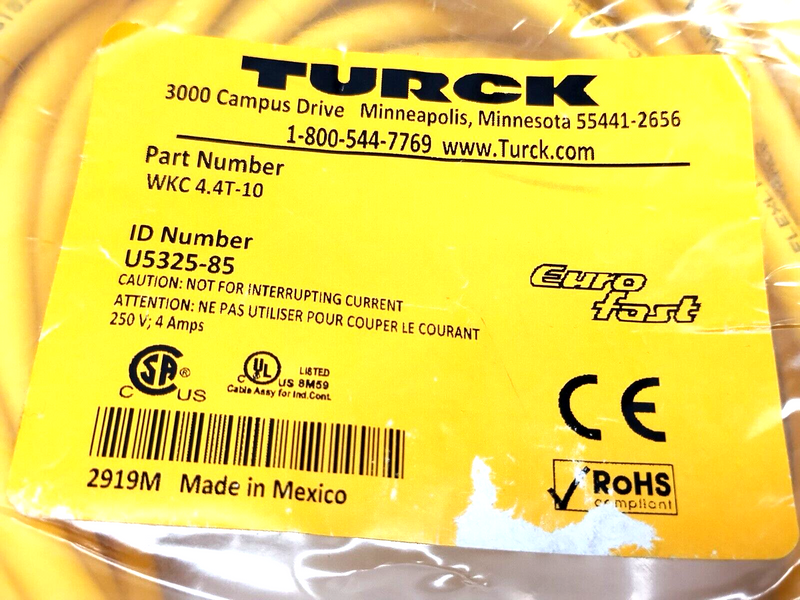 Turck WKC 4.4T-10 Connection Cordset M12 4-Pin Female Right Angle 10m U5325-85 - Maverick Industrial Sales