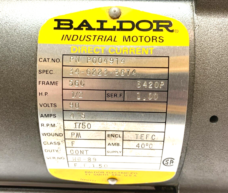 Baldor PN P004914 Industrial Direct Current Motor Class F 1750 RPM 4.5A 90V - Maverick Industrial Sales