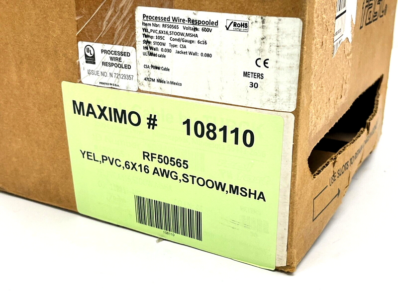 Turck YEL,PVC,6X16,STOOW,MSHA Power Cable 30m Box 14lb Remaining RF50565 - Maverick Industrial Sales