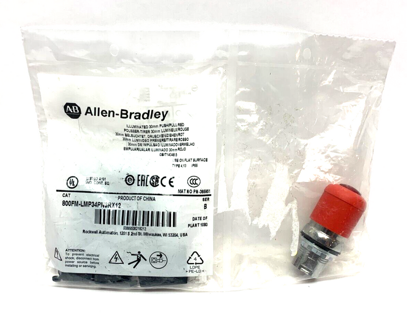 Allen Bradley 800FM-LMP34PN3RX12 Ser. B Illuminated 30mm Push/Pull Red Button - Maverick Industrial Sales