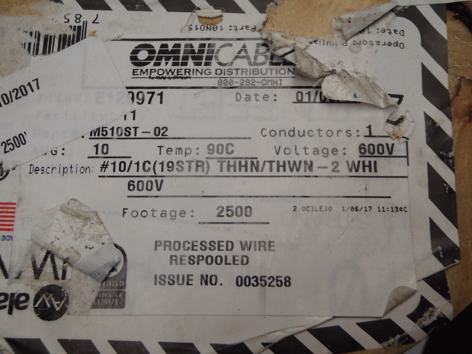 Omni Cable M510ST-02 10 AWG 1 Conductor  #10/1C (19STR) THHN/ THWN-2 WHI 2400' - Maverick Industrial Sales
